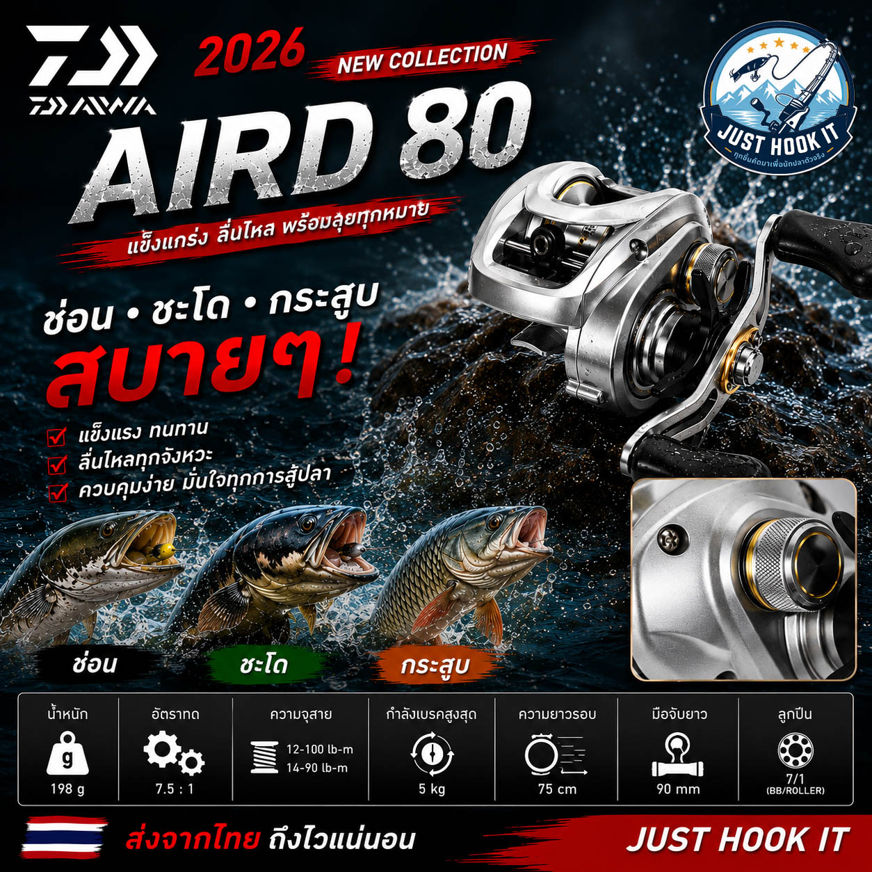 DAIWA AIRD 80H รุ่นใหม่ ปี 2026 ลูกปืน 7+1 พลังเบรค 5 กก อัตราทดเกียร์ 7.5:1 [ส่งไว⚡]